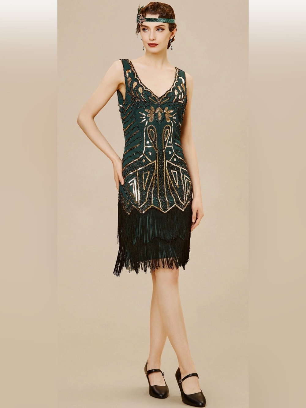 Babeyond Art Deco Flapper Dress Emerald Green Fringe V-Neck medium